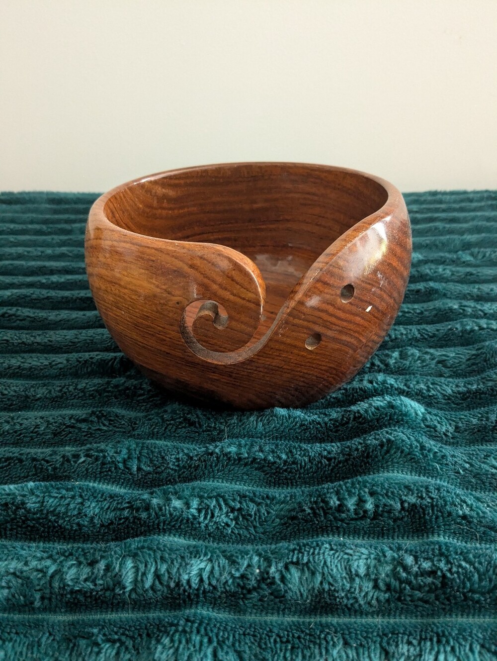 Wooden Yarn Bowl with Curled Slot - Brown
